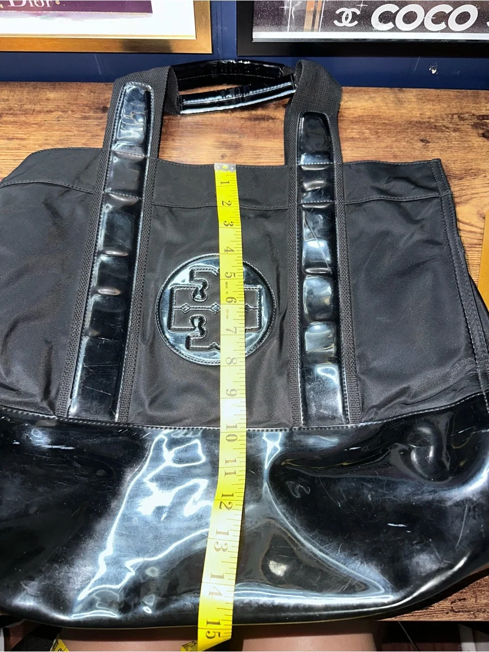 Tory Burch Ella Black Nylon Patent Trim Tote